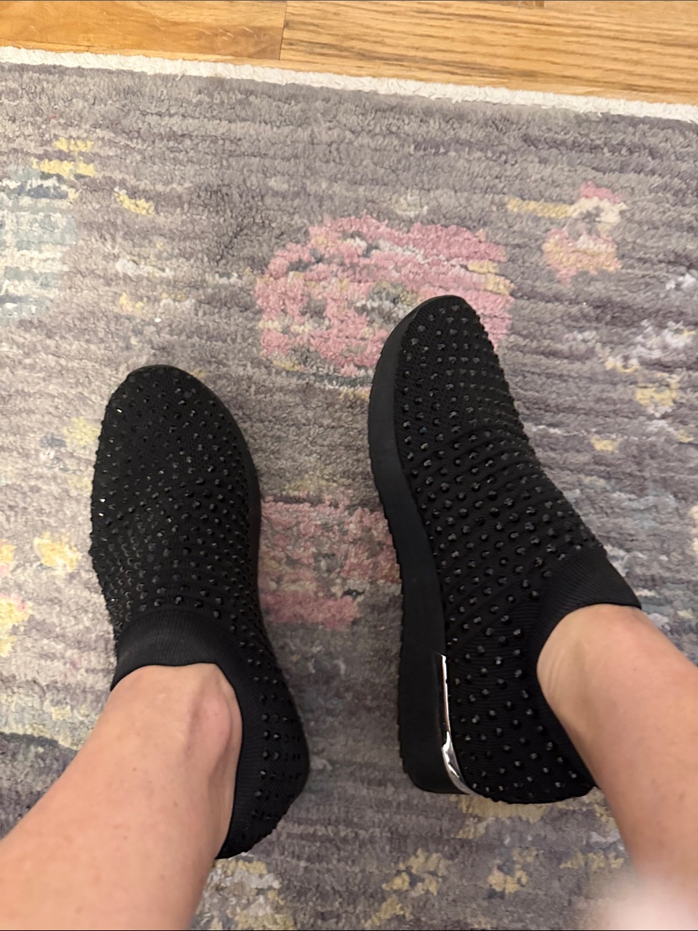 Women's Black Knit Slip-On Sneakers with Sparkle Embellishments